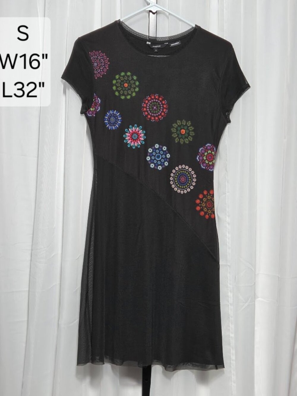 Desigual Black Mesh Floral Mandala Print Short Sleeve Short Dress Size S